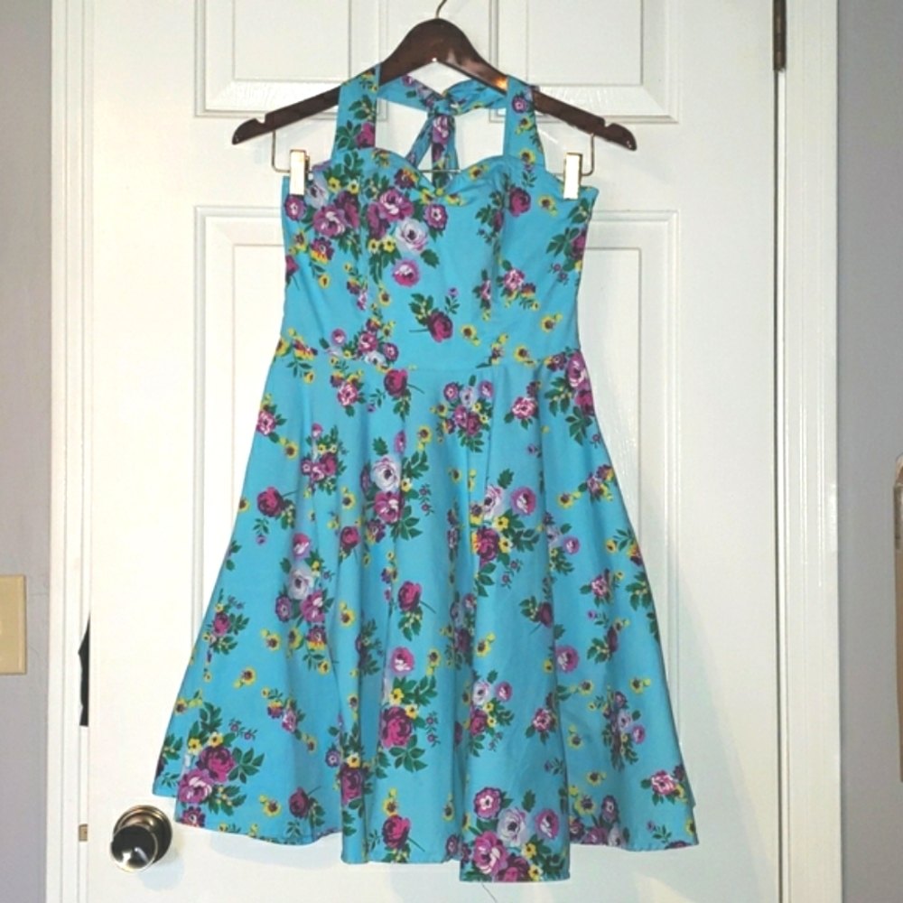 Hell Bunny Vixen Turquoise Floral Halter Top A-Line Dress